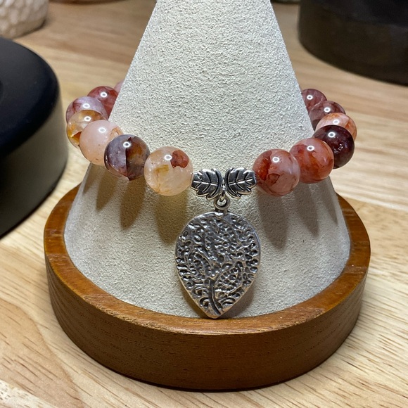 Natural Red Hematoid "Fire" Quartz 10mm with Silver Spacers and Leaf Cha… - Picture 1 of 7